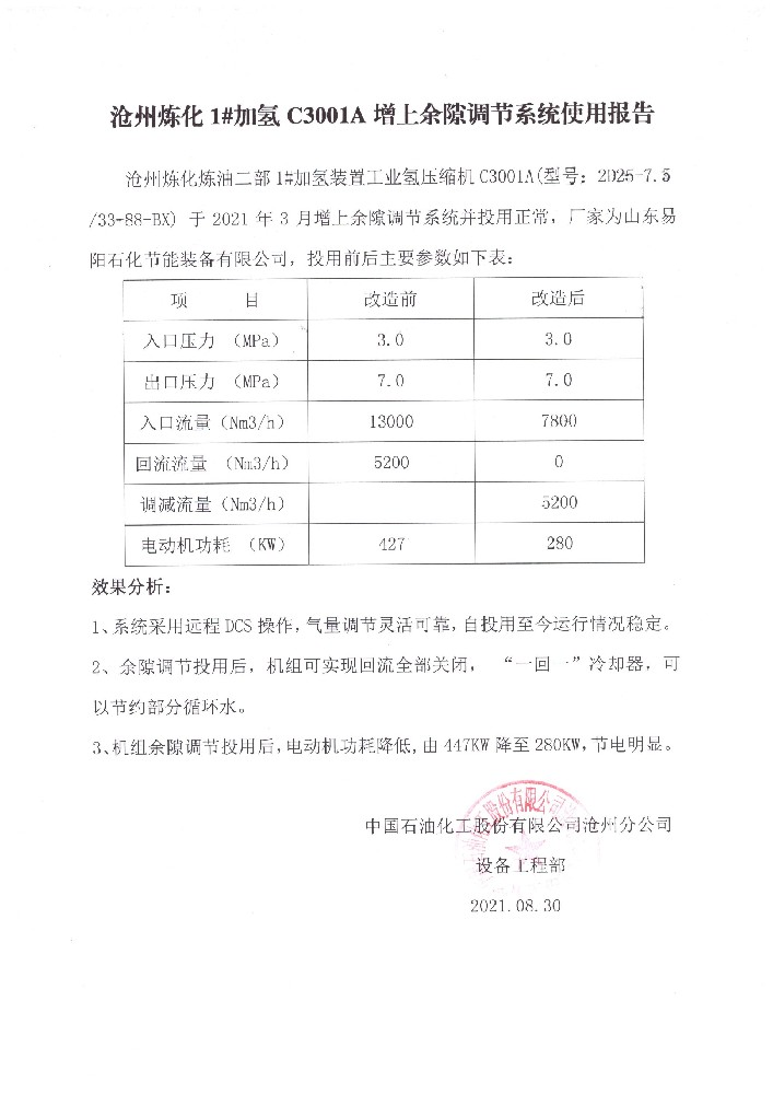 中国石化沧州分公司1#加氢装置工业氢压缩机C3001A增上余隙调节系统试用报告
