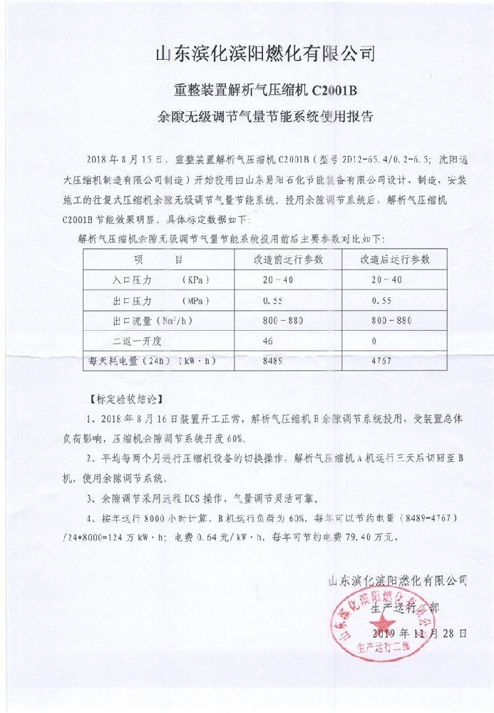 山东滨化滨阳燃化有限公司重整装置解析气压缩机C2001B余隙无级调节气量节能系统使用报告2019.11.28.jpg