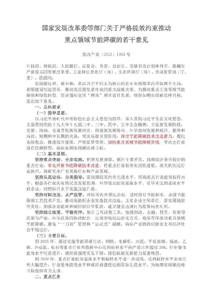 关于严格能效约束推动重点领域节能降碳的若干意见 发改产业〔2021〕1464号