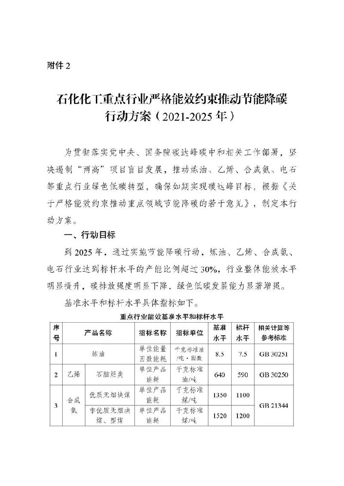 石化化工重点行业严格能效约束推动节能降碳行动方案（2021-2025年）